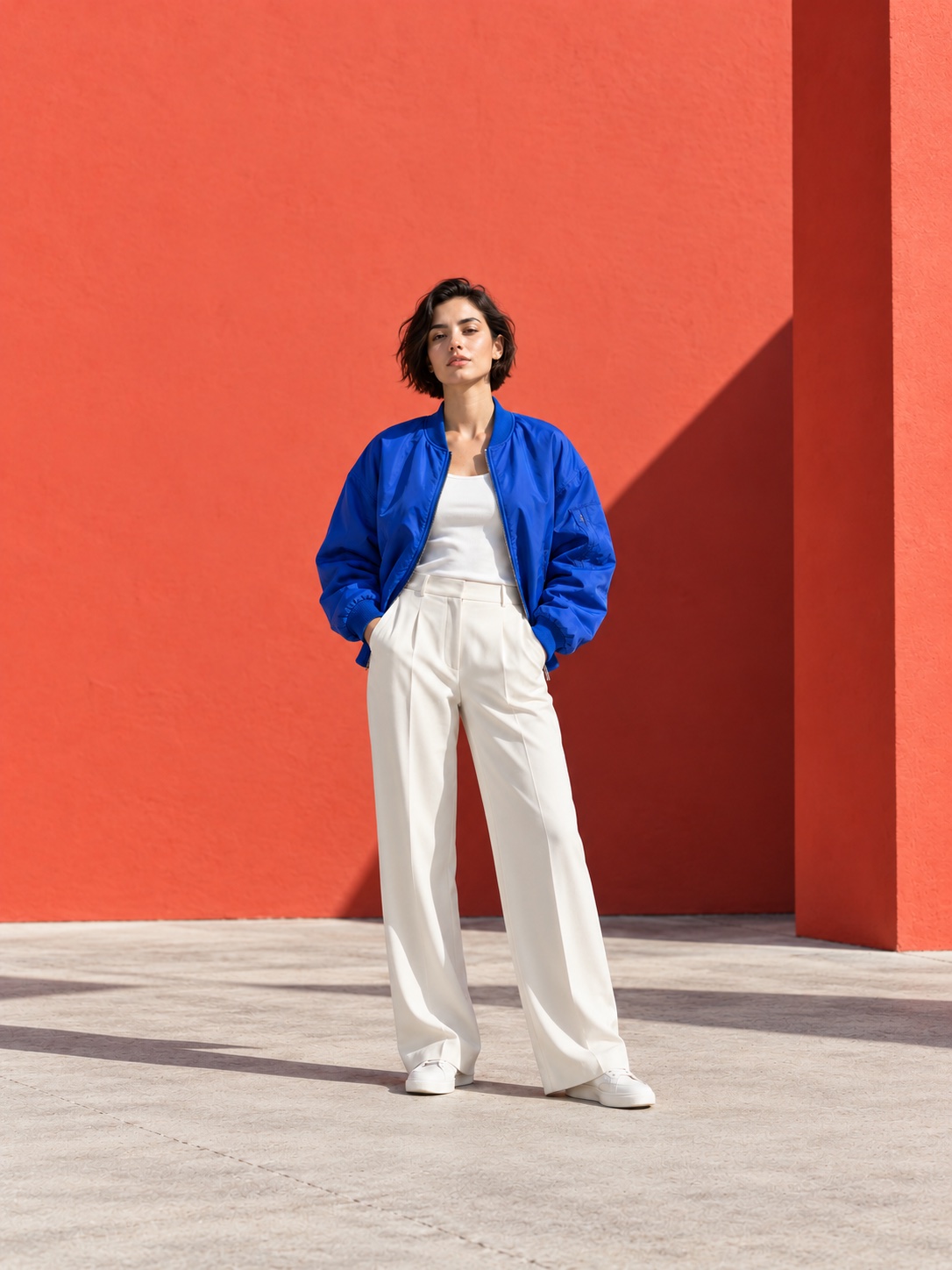 A model in a cobalt jacket and pale trousers in a modern coral architectural setting.