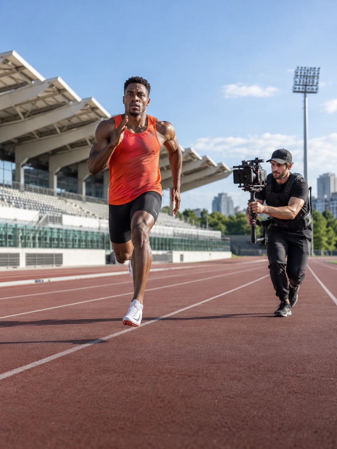 A camera operator filming a sprinter on a contemporary running track.